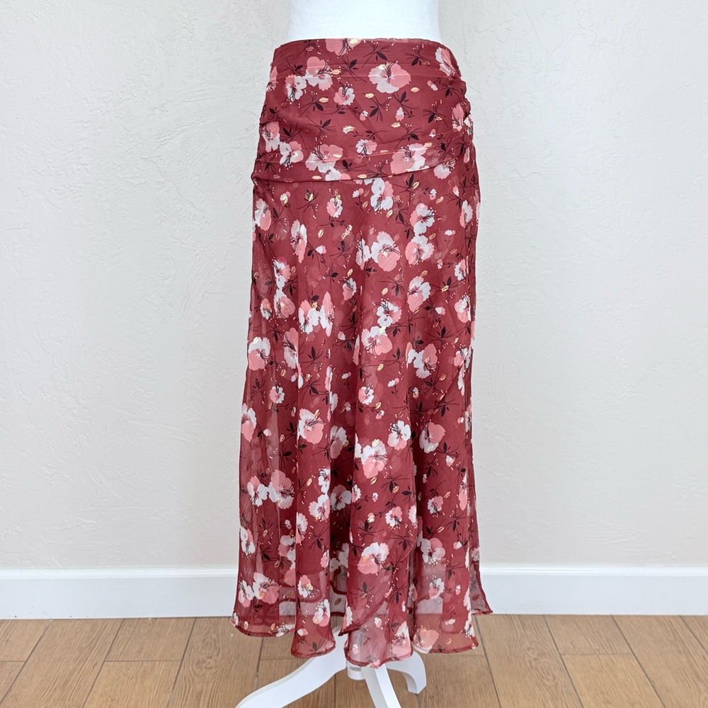 Walter Baker Kingston Burgundy Red Pink Floral Gold Layered Long Midi Skirt 6